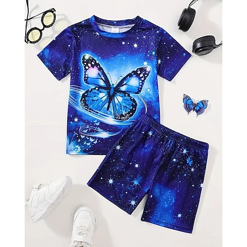 Mädchen 3D Grafik Schmetterling T-Shirt Shorts Set Kurzarm Sommer Frühling Sport Mode Täglich Kinder 4-12 Jahre Rundhalsausschnitt Outdoor Urlaub Sport Figurbetonter Schnitt Image
