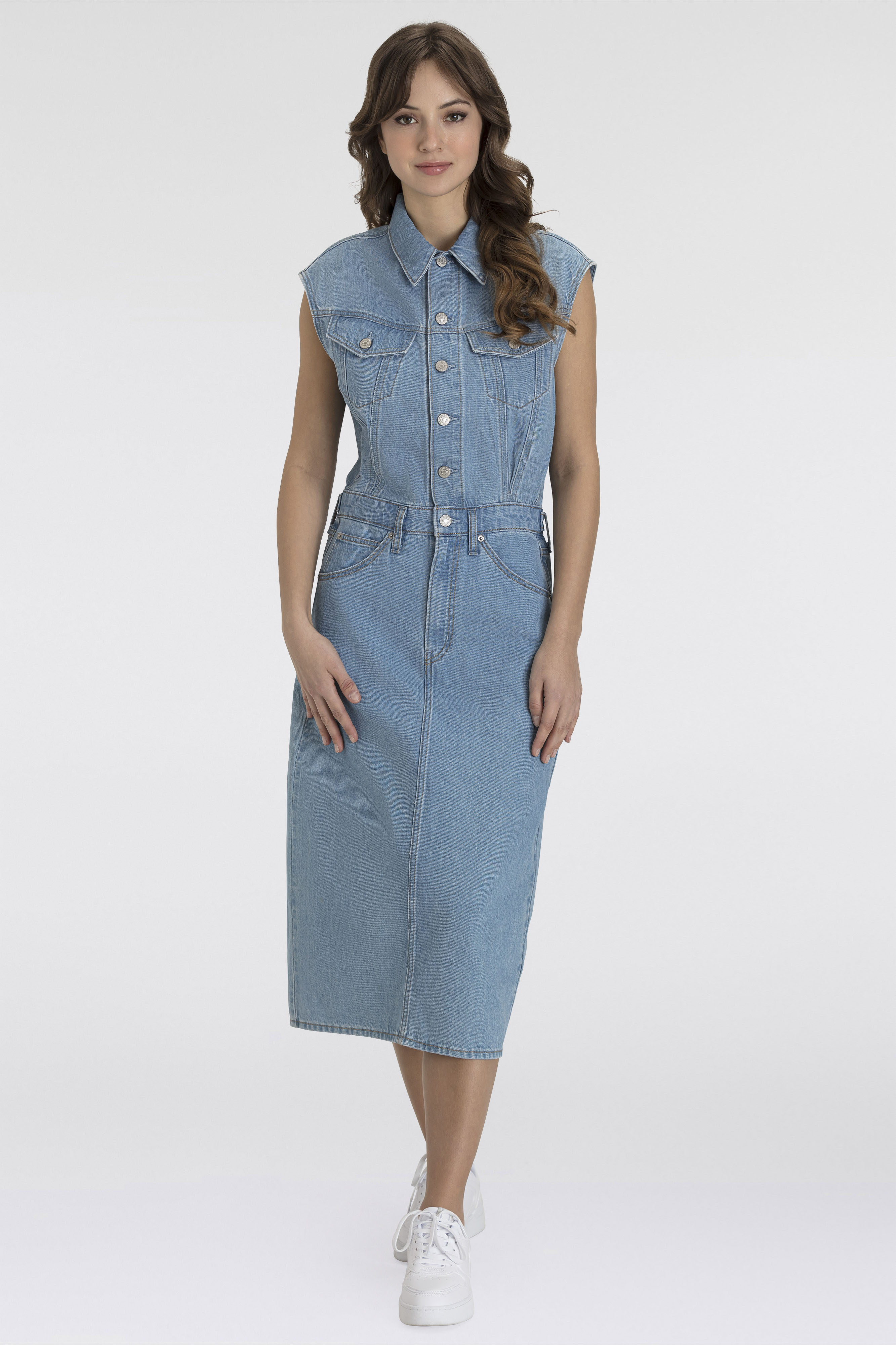 Jeanskleid LEVI'S "ICONIC SLEEVELESS DRESS", Damen, Gr. L (40), N-Gr, wrapped in blau, Denim/Jeans, Obermaterial: 100% Baumwolle, figurbetont ca. Mitte Wade, Kleider