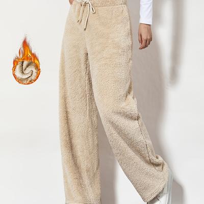 TEMU Drawstring Waist Fluffy Solid Color Pants, Casual Wide Leg Teddy Pants For Winter & Fall, Women's Clothing Image
