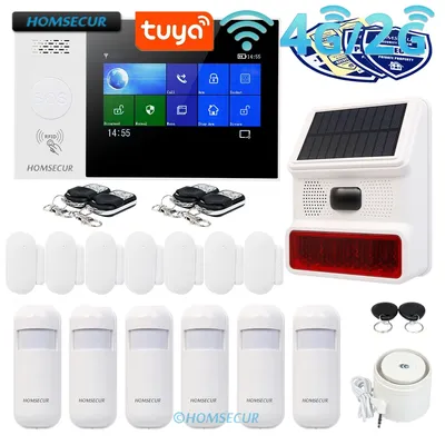Homsecur Tuya App Wireless Wifi 4g Home House Sicherheits alarmsystem 433MHz Wireless Solar Red Flash Sirene 6 Pir Bewegungs melder