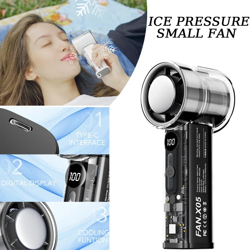 Eiskompresse, tragbarer Ventilator, Halbleiterkühlung, Hochgeschwindigkeitsventilator, wiederaufladbarer USB-Handventilator für den Außenbereich, Turbo-Ventilator, Klimaanlage Image