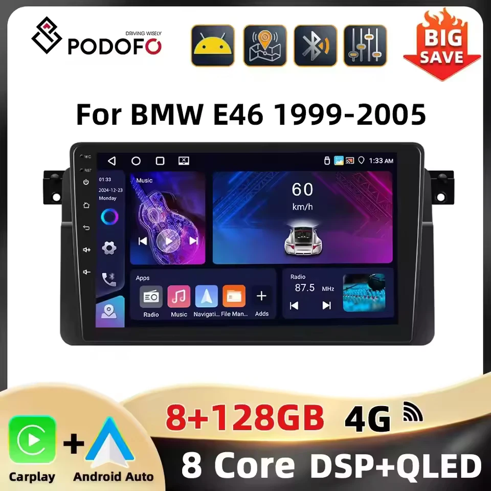 Podofo Carplay Android Auto Car Radio For BMW E46 1999-2005 Multimedia Player 8+128G 4G WIFI AI Voice Mirror Link RDS Car Stereo Image