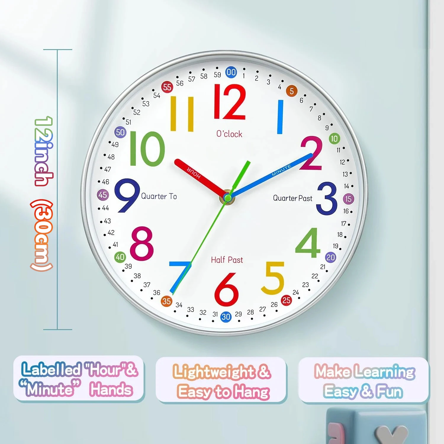 12-Zoll-Wanduhr für die frühe Bildung, runde Wanduhr, moderne Kinder, pädagogisch, hängend, für Kinderzimmer, geräuschlos, bunt, Dekoration