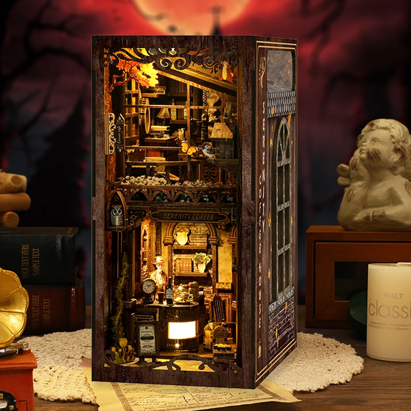 DIY Buchecke-Einsatz-Set aus Holz mit LED-Leuchten – Puppenhaus-Gebäude, Buchstützen, Bücherregal, Dekor, Geschenkidee für Buchliebhaber, Puppenhaus