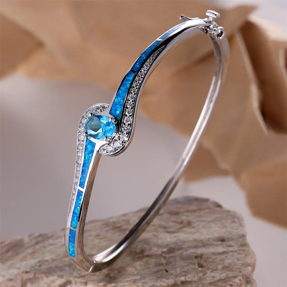 Aqua blau Kristall oval Stein Armreif blau Feuer Opal Armbänder für Frauen klassische Silber Farbe Hochzeit Verlobung Schmuck Mutter Geschenke Image