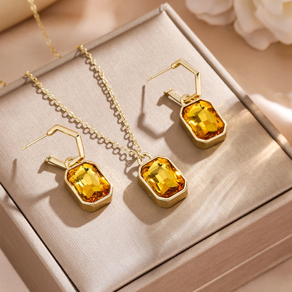 ZAKOL Bunte Große Quadratische Kristall Zirkon Anhänger Ohrring Halsketten Elegante Retro Gold Farbe Kette frauen Partei Schmuck Set Geschenk