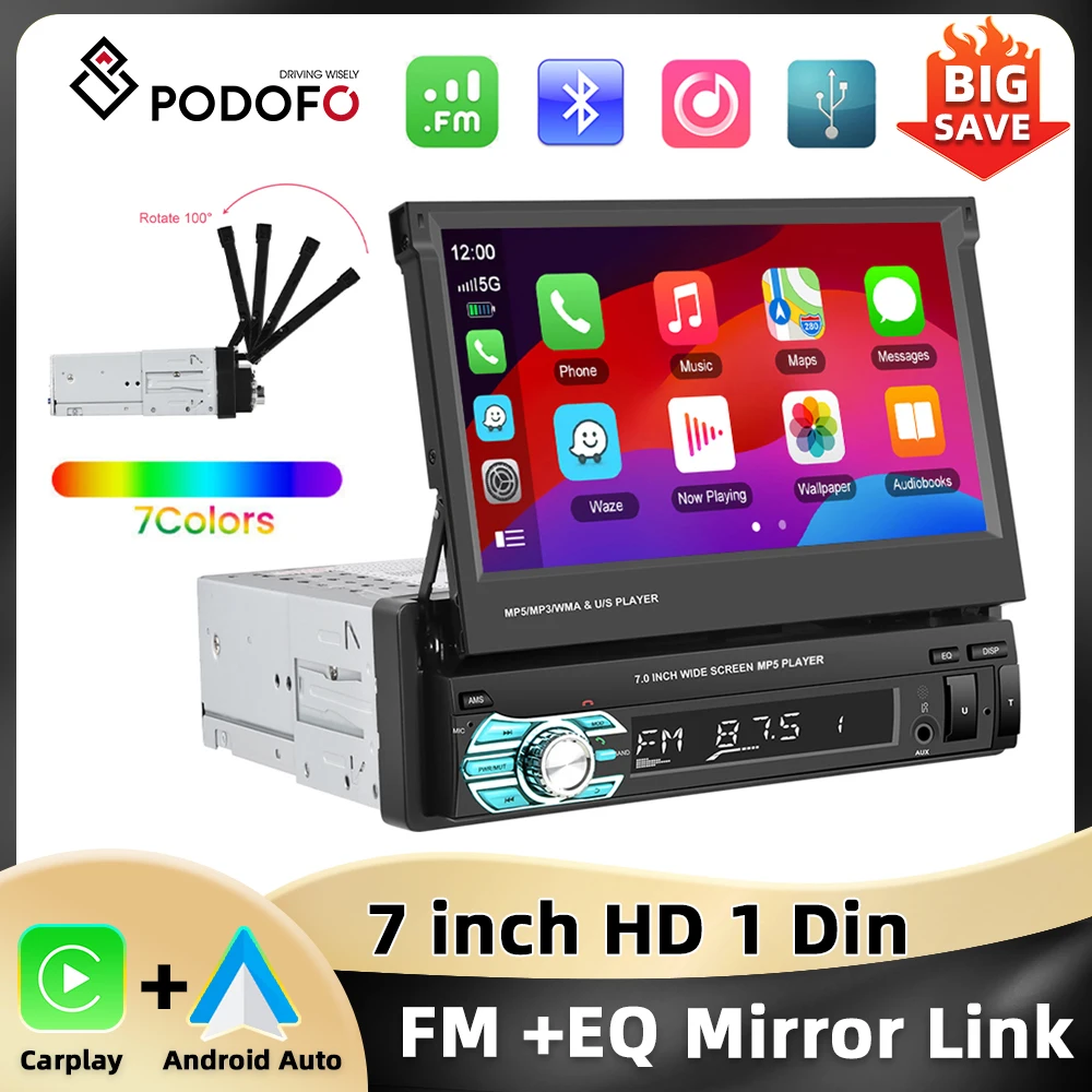 Podofo 7'' Retractable Screen Car Radio 1Din MP5 Player Carplay Android Auto D-Play Mirror link Bluetooth FM Multimedia Player Image
