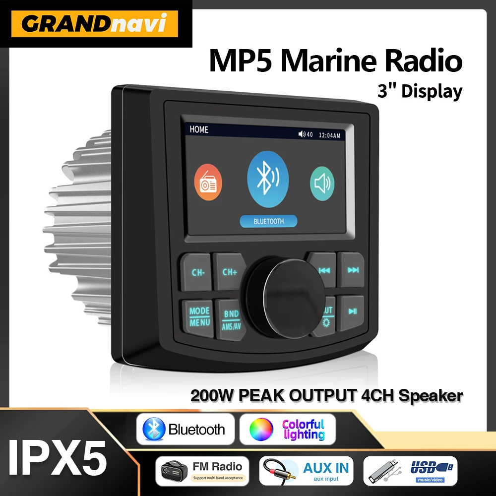 GRANDnavi Marine Stereo Boot MP5 Radio Player Wasserdicht IPX5 AUX Bluetooth FM AM RDS Audio Für Yacht Gauge ATV UTV SUV Warenkorb SPA Image