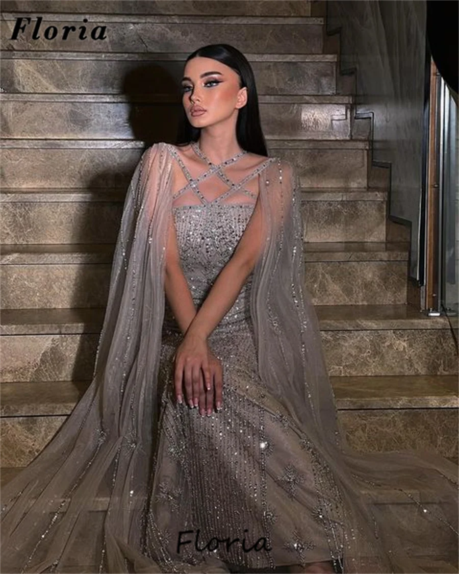 Newest Sliver Beaded Evening Dresses Customize Dubai Luxury Cape Long Sleeves Wedding Party Gowns 2025 Abiti Da Sera Prom Dress Image