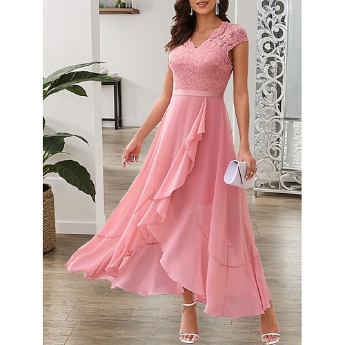 Abito di Laurea Donna Abito Maxi Colore Solido Abito Prom Abito A Line Abito Fit And Flare Elegante Formale Semi Matrimonio Ospite Engagement Cocktail Festa Grafica Senza Maniche Collo A V