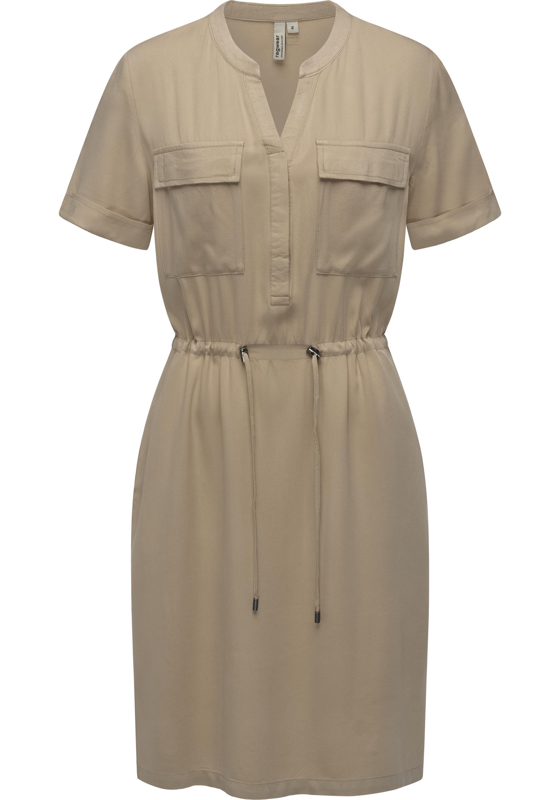 Blusenkleid RAGWEAR "Roisana", Damen, Gr. XS (34), Normalgrößen, beige (sand), Material: 100% Viskose, Basic, gerade ca. Mitte Oberschenkel, V-Ausschnitt, Krempelärmel abgesteppte Kante, Kleider Blusenkleid, Leichtes Sommerkleid mit Brusttaschen