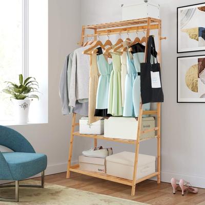 Bamboo Garment Rack 3 Tier Storage Shelves with Hanging Hooks