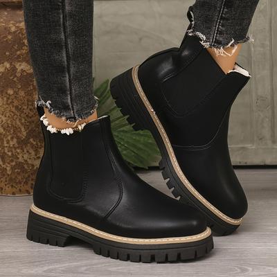 TEMU Women' Pu Cover Ankle Boots With Elastic Panels - Chunky Tpr Sole, Round Toe & Fabric Lined For , Style, Versatile Fashion Footwear, Sleek Side Zipper Boot, Durable Traction Footwear Image