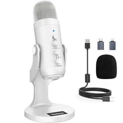 Professional White USB Condenser Microphone Studio Recording Mic for PC Computer Phone Gaming Streaming Podcast Vocals Youtube