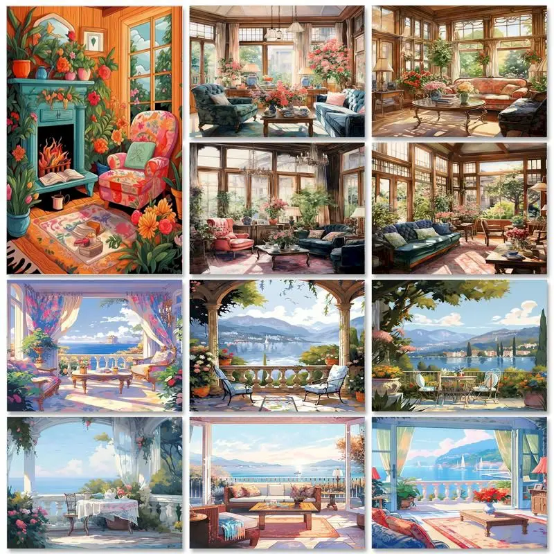 GATYZTORY 60 x 75 cm Malen nach Zahlen, Handarbeit, Balkon, Landschaft, Zahlengemälde auf Leinwand, dekoratives Gemälde, DIY-Geschenkkunstwerk Image