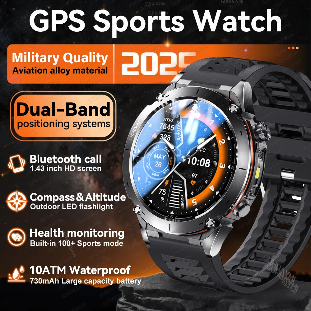 2026New GPS Outdoor Sport Smart Uhr Männer 1,43 "AMOLED Bildschirm Kompass Höhenmesser 5ATM Wasserdichte Bluetooth Anruf Smartwatches Image