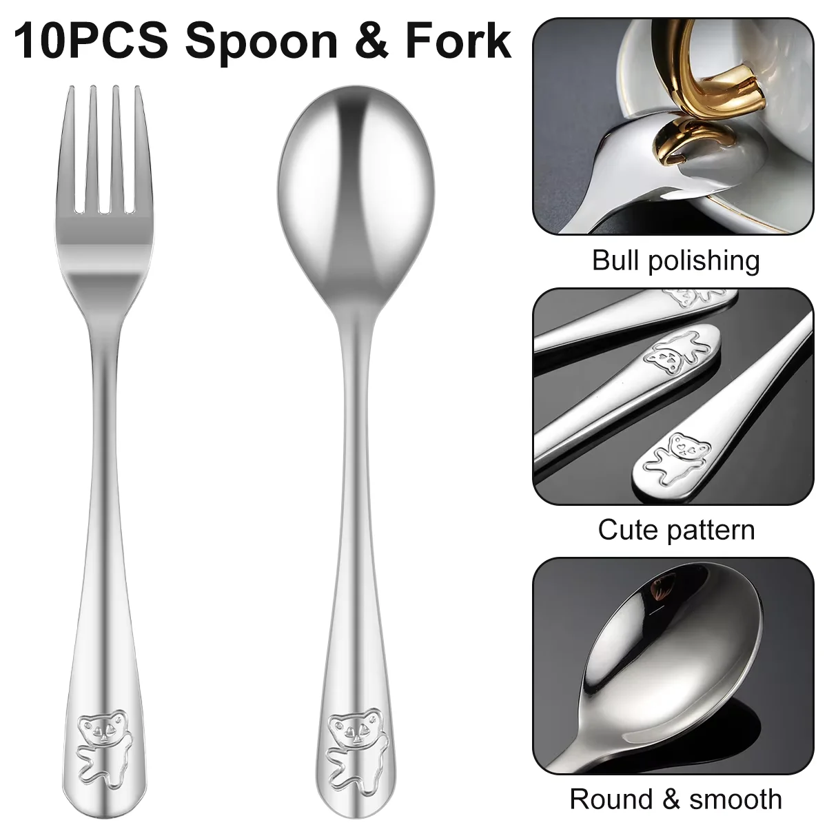 10/20/30 Stücke Kinder Gabel und Löffel Set Edelstahl Kinder Besteck Ergonomische Kleinkind Utensilien Niedlichen Cartoon Bär Kinder Besteck Image