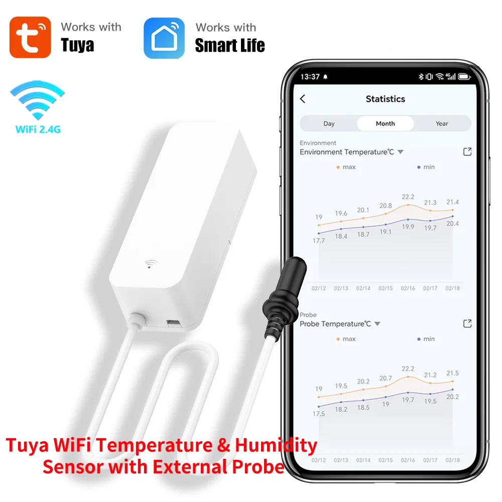 WiFi Temperatur- und Feuchtigkeitssensor Externe Sonde Fernbedienung Smart Home Monitor Wrok mit Alexa Tuya Smart Life Image