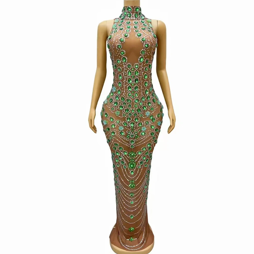 Sexy Bühne Silber Grün Strass Blumenkleid Geburtstag Feiern Ballkleider Rückenfrei Abschluss Outfit Kollektion Kostüm