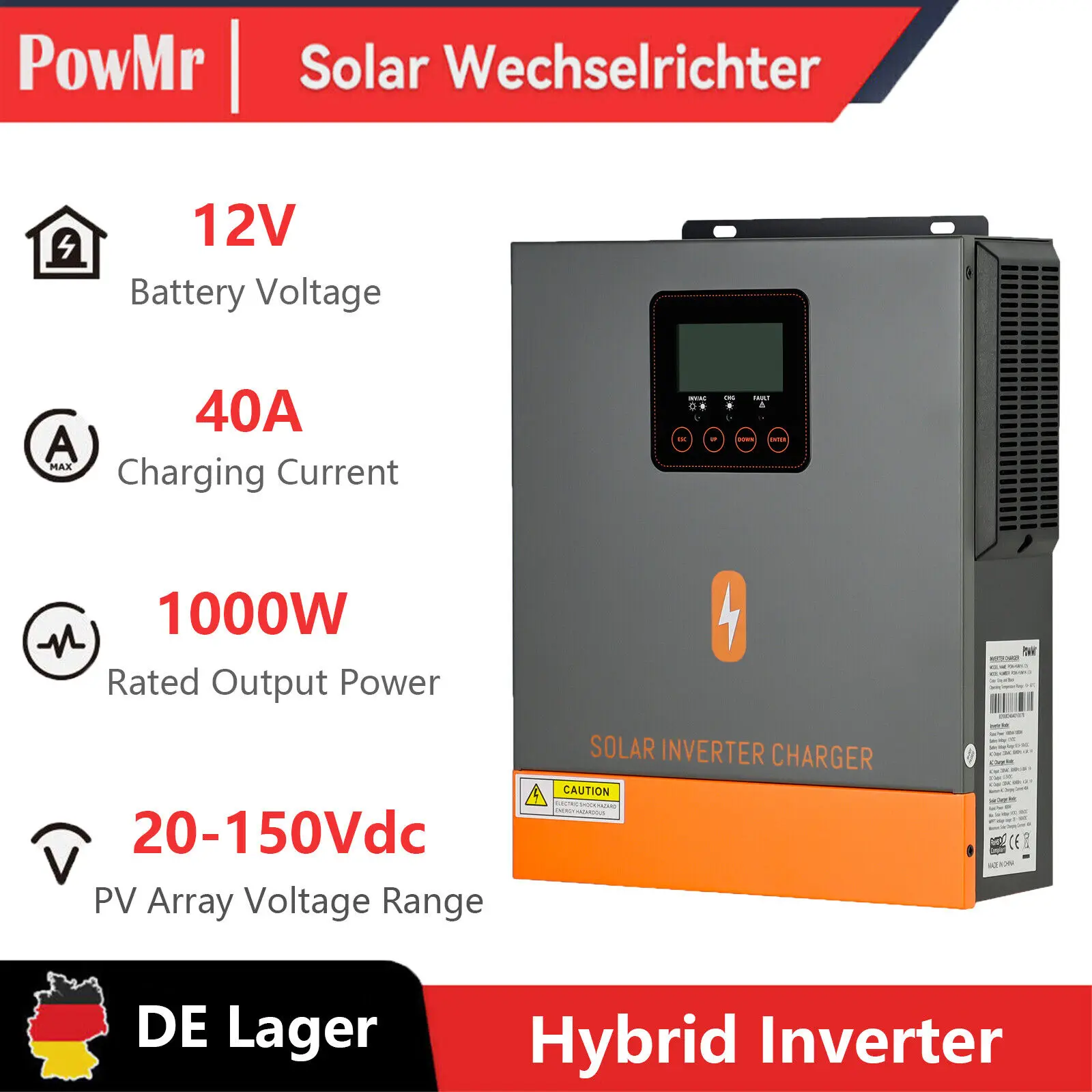 Powmr 1000w Hybrid Solar Wechsel richter 12V 150V reine Sinus welle netz unabhängige Solar Wechsel richter 40a mppt Solar laderegler eingebaute bms Image