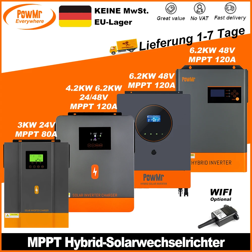 Powmr eu 2kw 3kw 4,2 kW 6,2 kW Hybrid-Solar wechsel richter 48V 24V 12V bis 220VAC Photovoltaik reine Sinus welle mppt 120a Solar regler Image