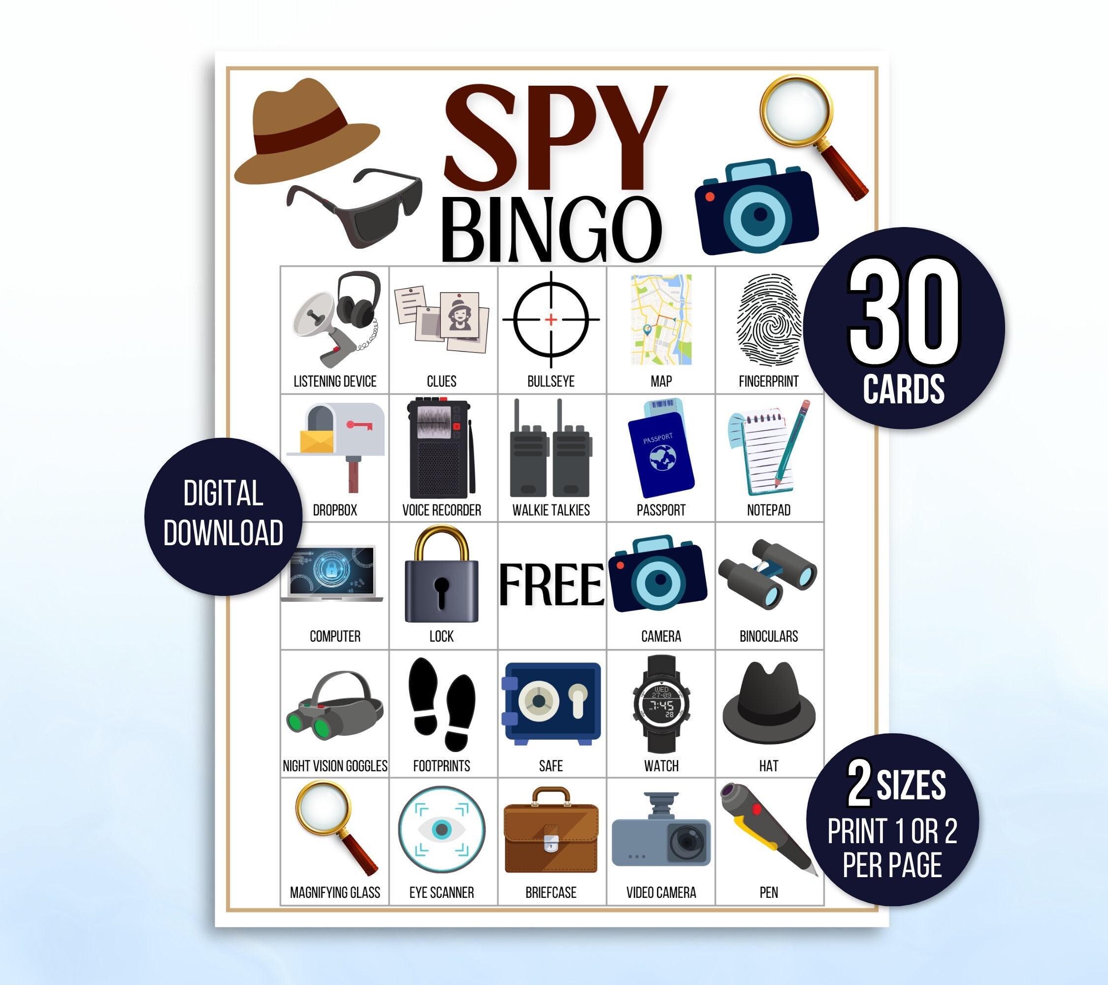 Spy Bingo, 30 schede Spy Bingo stampabili, gioco di società di spie, attività di spionaggio, festa di compleanno di spie Bingo, festa a tema spia, gio