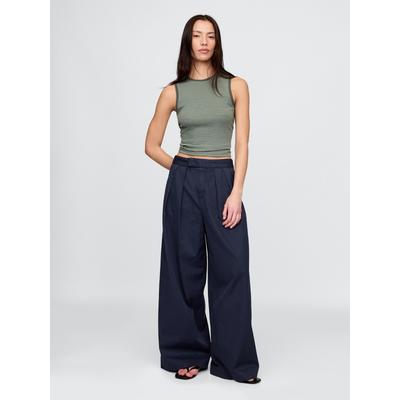Gap Navy Blue Cotton High Waisted Pleated Wide-Leg Chino Trousers
