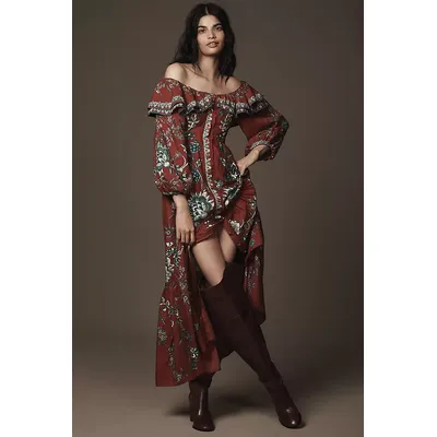 Farm Rio Long-Sleeve Off-The-Shoulder Ruffled Maxi Dress
