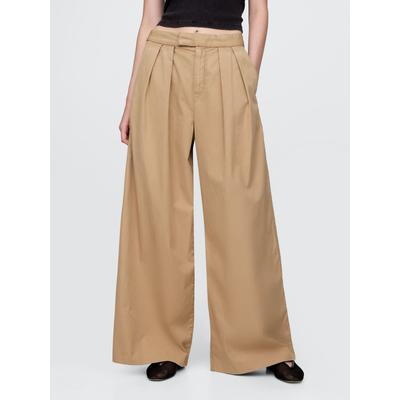 Gap Beige Cotton High Waisted Pleated Wide-Leg Chino Trousers