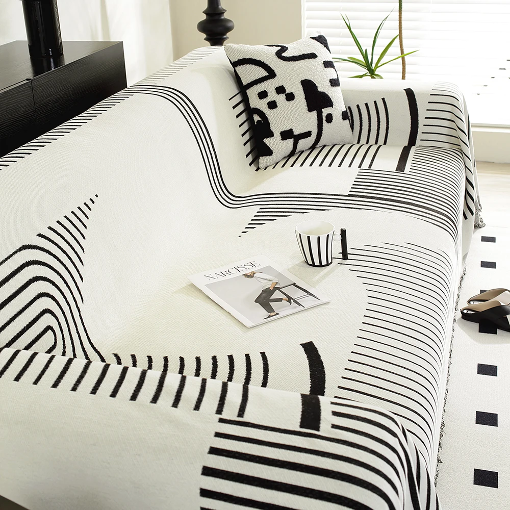 Unregelmäßige Linien Chenille Sofa Handtuch für das Wohnzimmer, nordische Wohnkultur mit Quasten kanten, Dreisitzer-Sofa garnitur Image