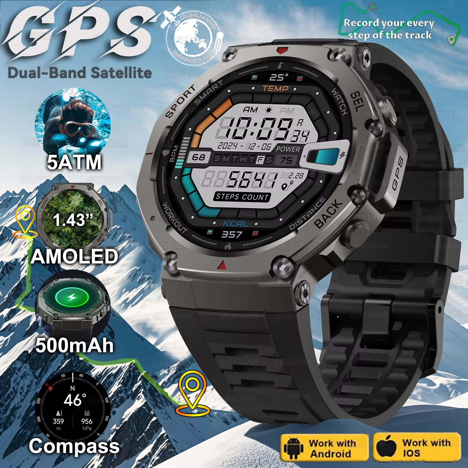 GUHUAVMI T-Rex Ultra GPS Smartwatch, 5 ATM wasserdicht, integrierter Dualband-GNSS-Kompass, Militär-Sport-Smartwatch für Herren, 2025, neu Image