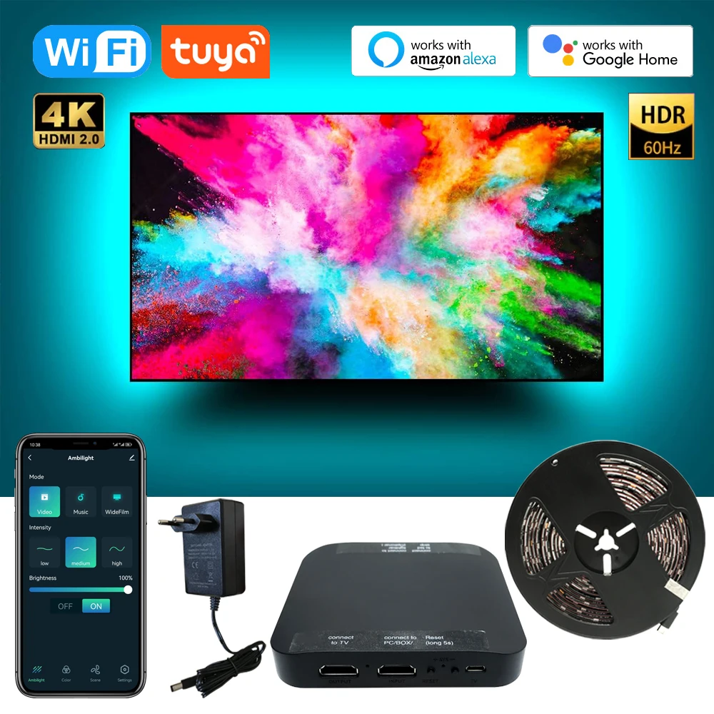 Ambient TV Led-hintergrundbeleuchtung Fancy HDMI Device Sync Box Kit 4K Wifi Alexa Google Voice App Steuerung und Lichtleiste für 40-120 Zoll TV