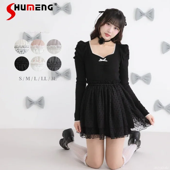 2023 frühling Japanische Nette Süße Kleid Square Neck Bogen Blase Langarm Hohe Taille Spleißen Dot Mesh Kurze Prinzessin Kleid Frauen Image