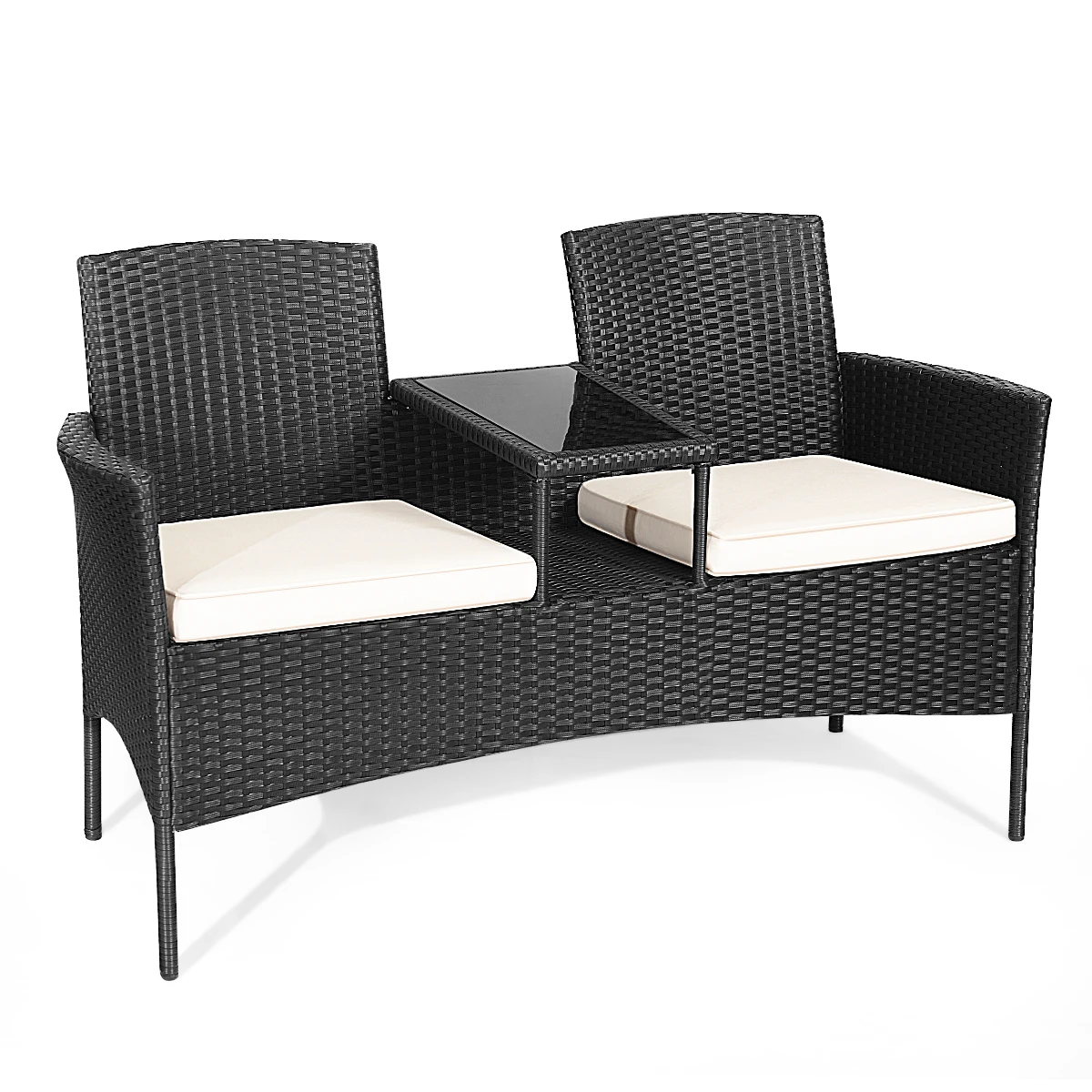 Polyrattan Gartenbank, 2-Sitzer Gartenmöbel Set mit Tisch & Kissen, 138 x 61 x 85 cm, Rattan Sitzbank wetterfest, Balkonmöbel Image