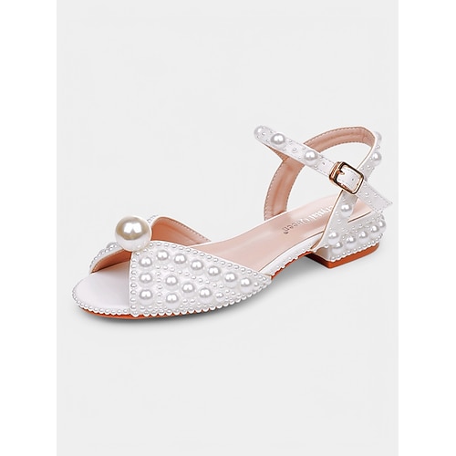 Weiße Brautsandalen mit Perlen, niedrige Riemchenschuhe mit Blockabsatz für Garten- und formelle Hochzeiten Image