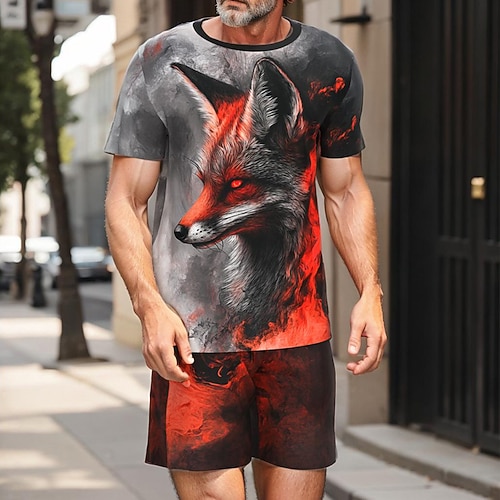 Herren Wolf 2St T-Shirts-Sets Sommeroberteile Kurzarm Kurze Hosen Rundhalsausschnitt Sport Lässig Outdoor Urlaub Sport 3D-Druck Sommer Rot Image