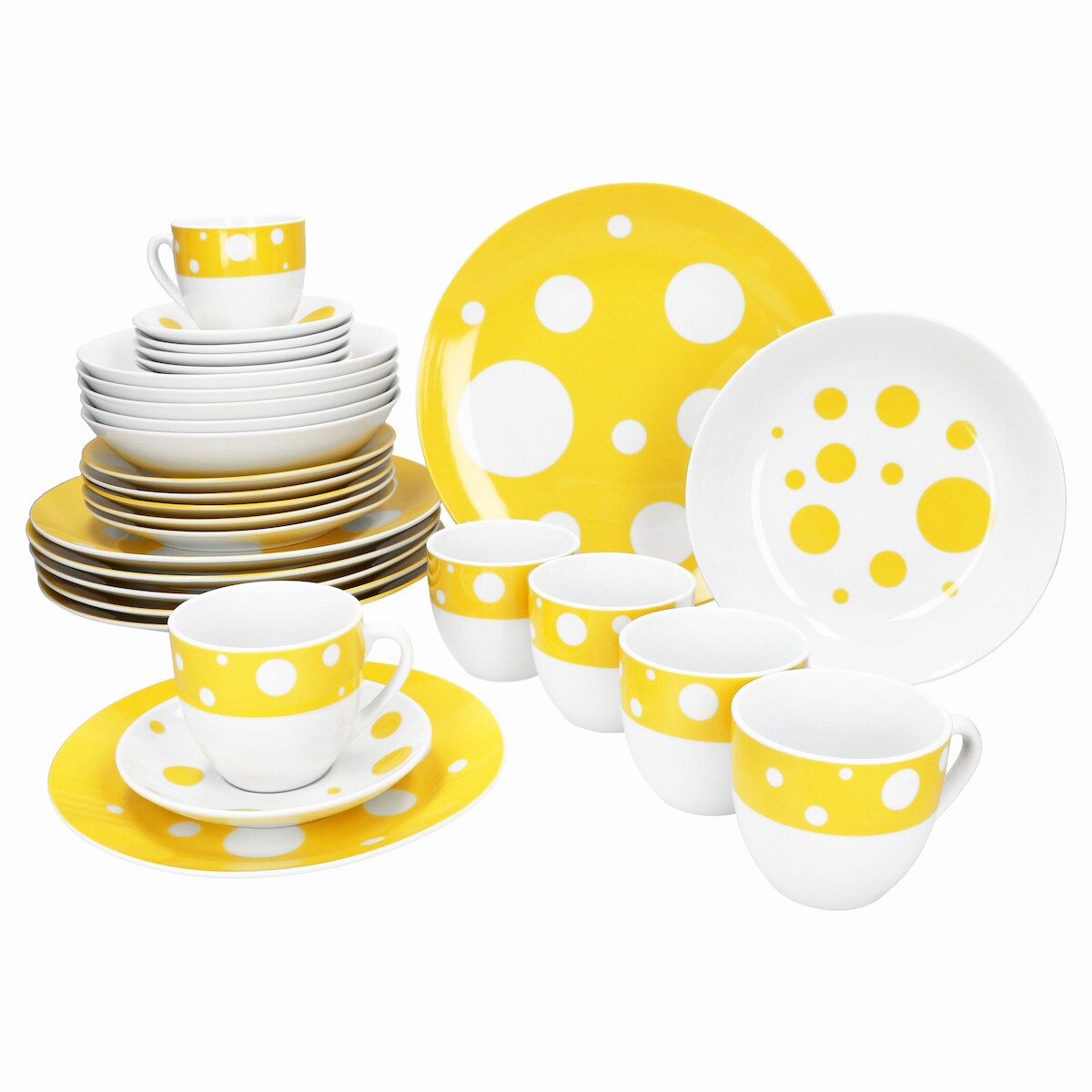 Pula gelb 30tlg Kombiservice 6 Pers. Tassen Untertassen Teller Punkte Porzellan Image