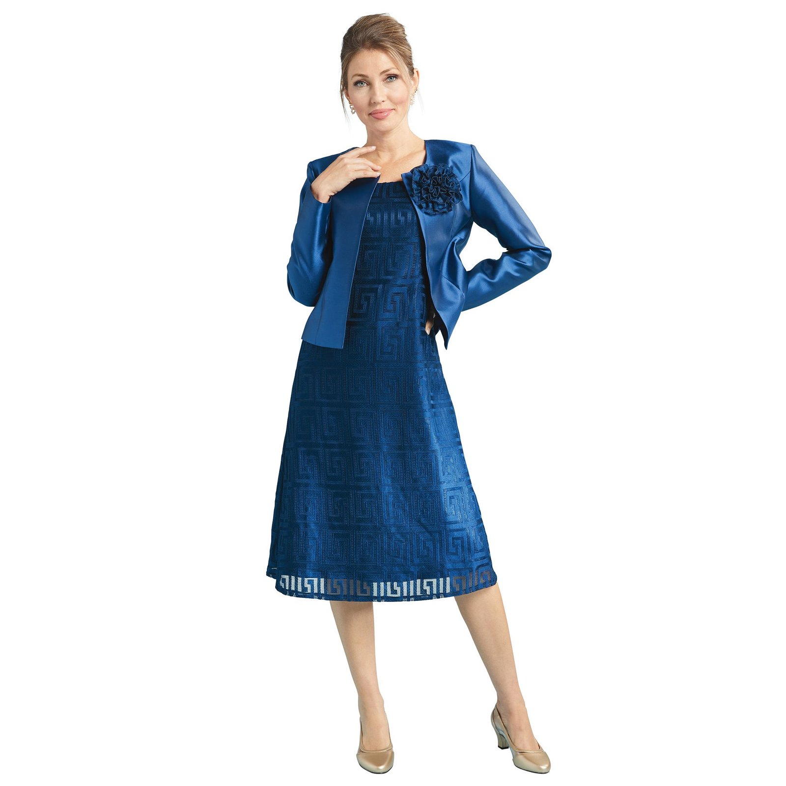 Masseys Geometric Dress with Jacket (Size 20W) Navy, Polyester