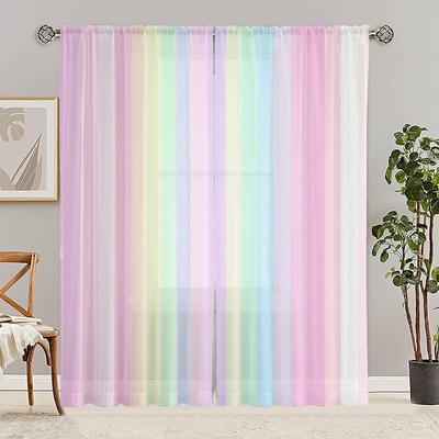 TEMU 2pcs Rainbow Stripe Sheer Curtains - Lightweight, Translucent Polyester For Bedroom & Living Room Decor, Rod , Machine Washable, Hd Digital Printing, Office Image