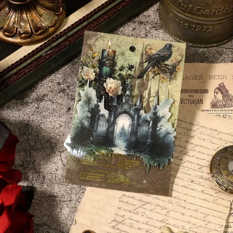 10 Stück Aufkleber Pack dunkle Tür Retro Gothic Handbuch Material Basis Hintergrund Collage liefert Sammelalbum geschnitten 180*118mm Image