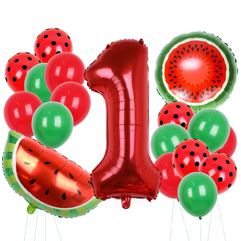 Leuchtend rotes Frucht-Wassermelonen-Zahlen-Set, 1-9. Geburtstags-Aluminiumfolie, rotes und schwarzes gepunktetes Latex-Ballon-Set, geeignet für Geburtstagsparty-Dekoration, Duschdekoration Image