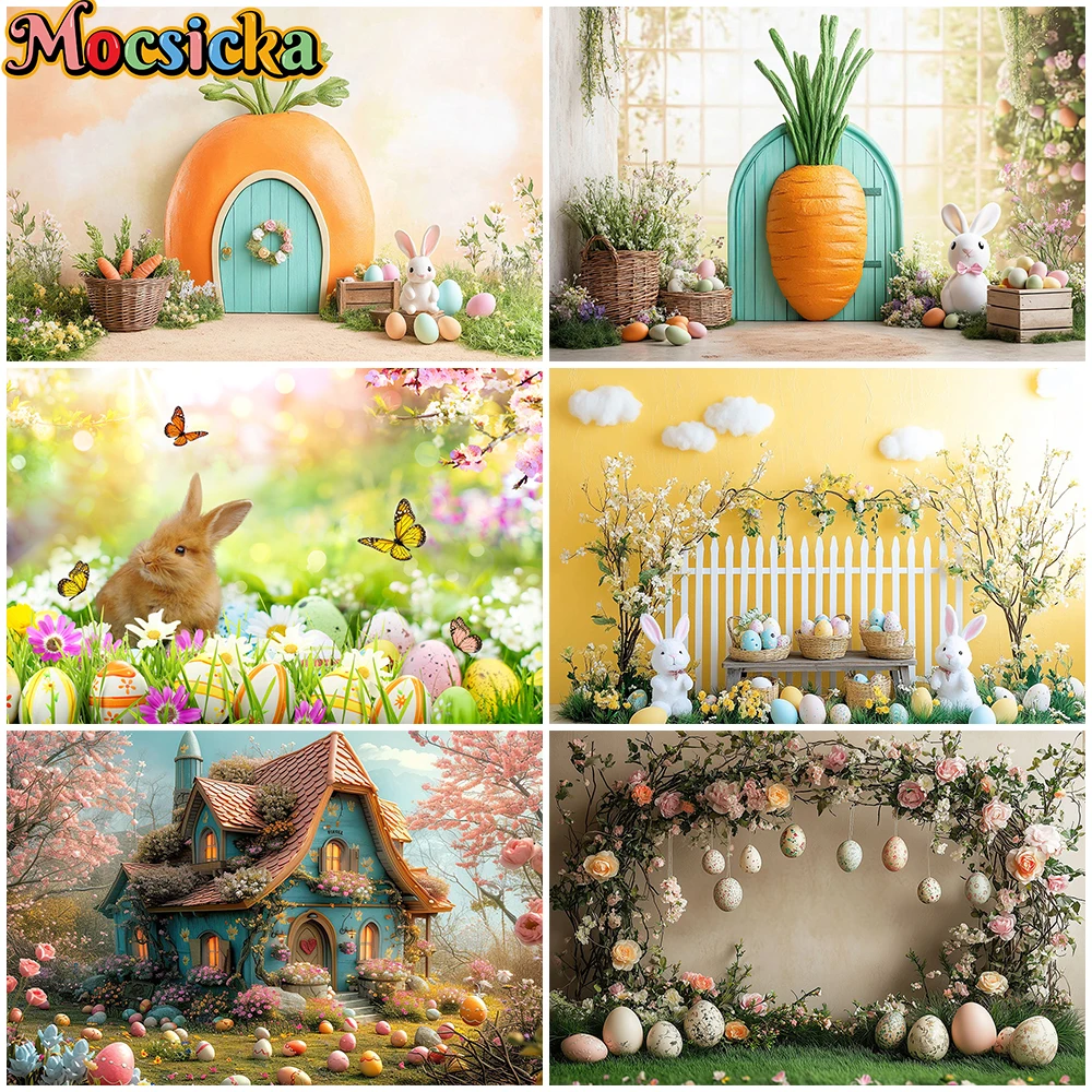 Mocsicka Ostern Dekor Hintergrund Fotografie Blume Ei Kaninchen Baby Dusche Geburtstag Frühling Kulissen Party Shooting Requisiten Studio Image