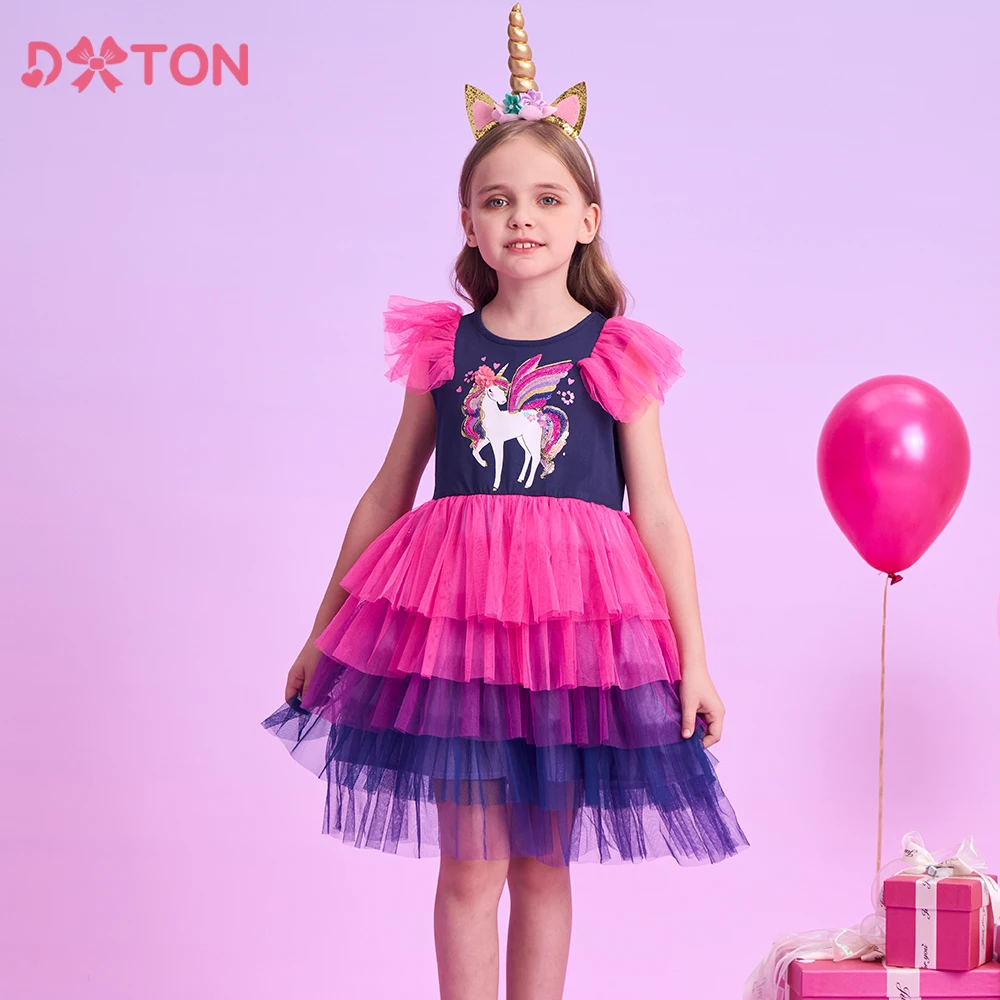 DXTON Sommer Urlaub Mädchen Kleider Licorne Floral Kinder Kleidung Geburtstag Party Outfits Kuchen Schicht Mesh Kinder Prinzessin Kleid Image
