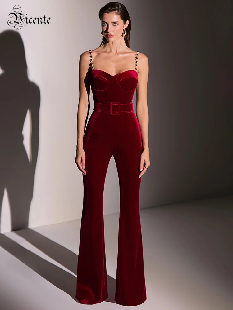 VC Burgunder Samt Diamanten Spaghetti Ketten Träger Overalls Frauen Ärmellose Schlanke Overalls Mit Gürtel Cocktail Party Tragen Image