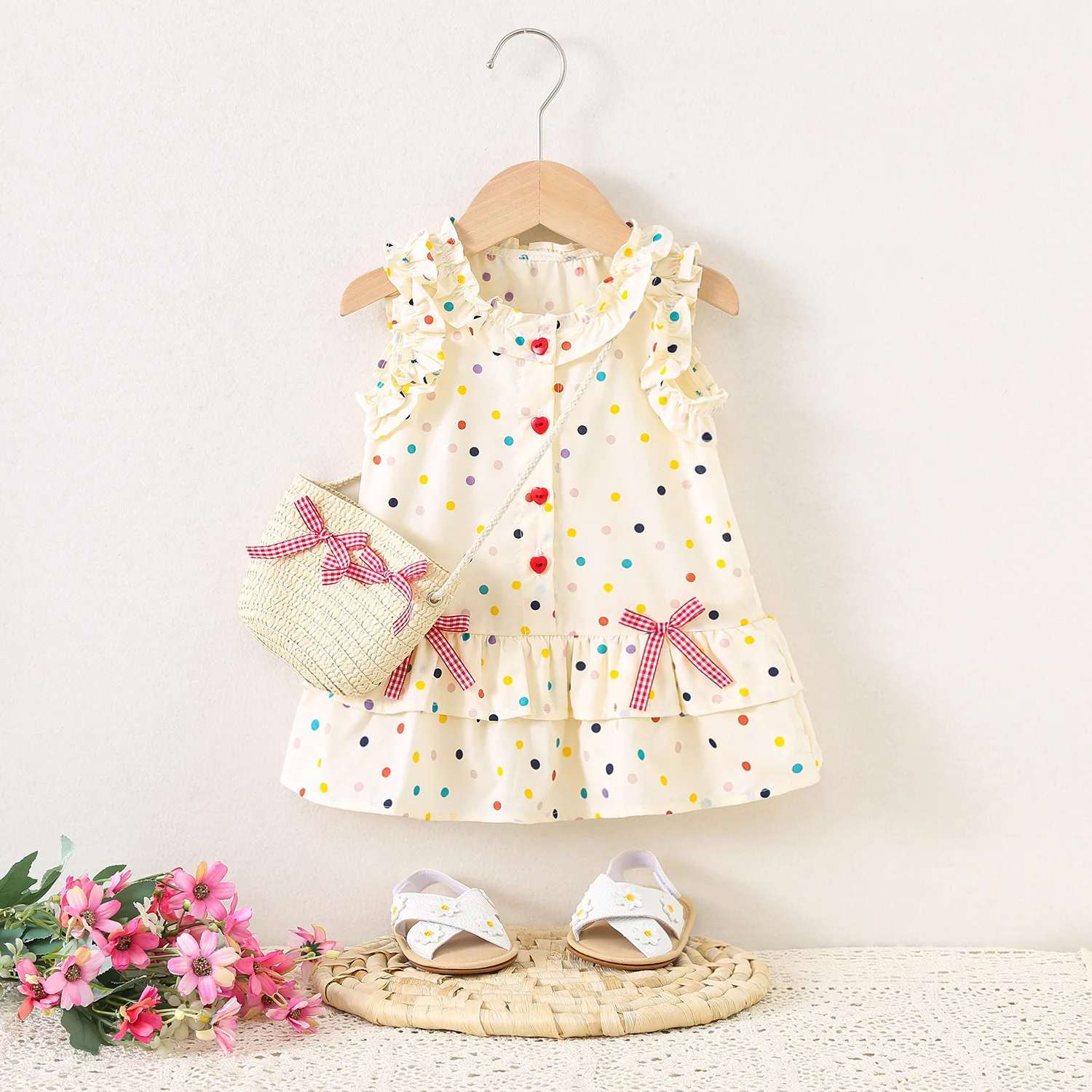 Baby Mädchen Kleidung Sommer Bogen Und Voll Gedruckt Spot Halter Baby Mädchen Kleid Nette Casual Strand Mädchen kinder Kleid mit Tasche Image