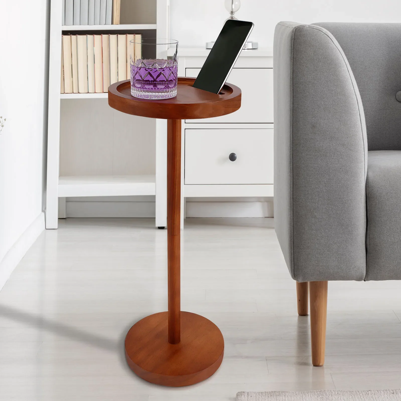 Runde kleine Couchtische aus Holz mit Telefonhalter, Sofa-Ecktische mit verdickter Basis, Couchtisch, Wohnzimmermöbel