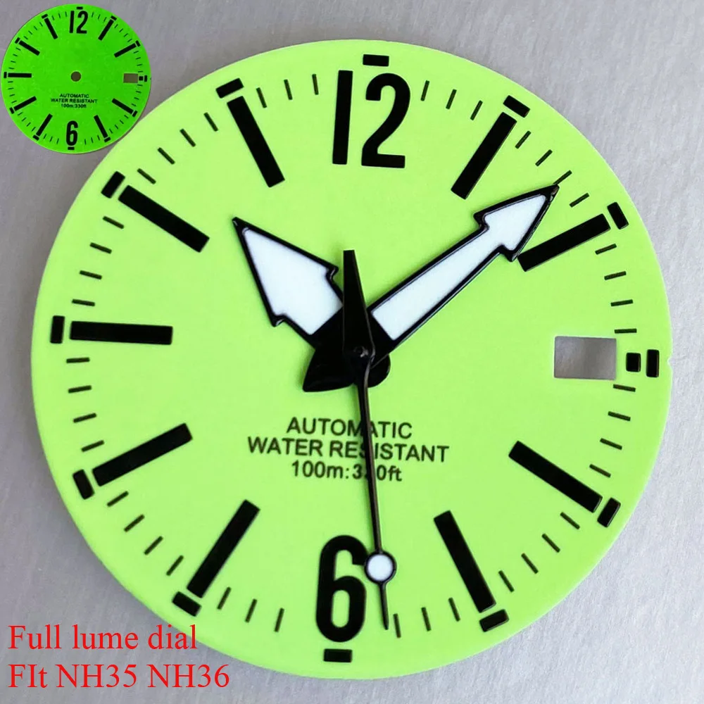 29mm Zifferblatt Grün Voll Leucht Fit NH35 NH36 Automatische Bewegung Taucher Männer Uhr Teile Pfeil Hände Set Zubehör Image