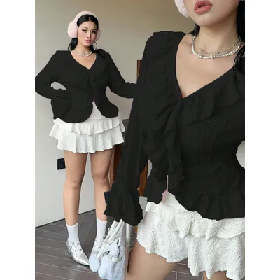 plus Size Women's Pink V-Neck Blouse Elegant French Ruffle Flared Sleeve Sweetheart Bubble Sleeve Casual Chic Top for plus Size