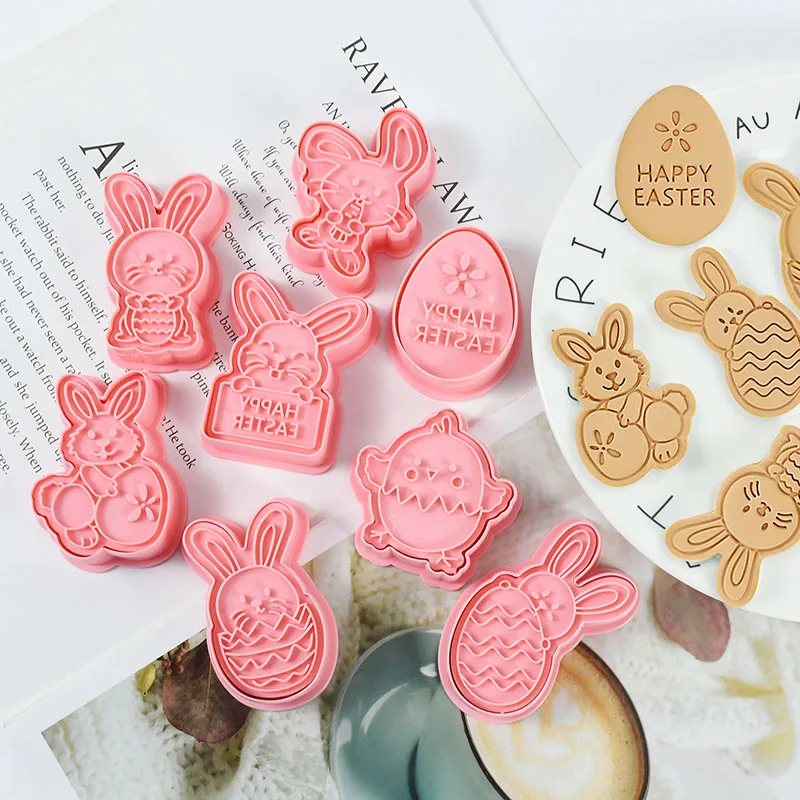 8 teile/schachtel Frohe Ostern Kunststoff Cookie Formen Queue Bunny Eier Keks Cutter 3D Cartoon Bunny Cookie Formen Ostern Party Backen werkzeuge Image