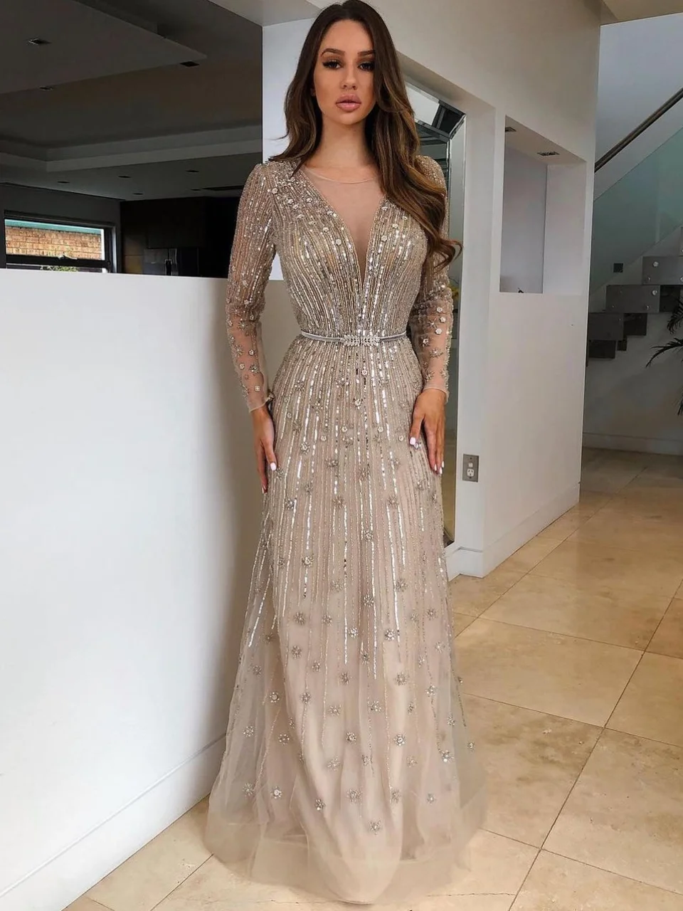 MYMB Champagner Lange Ärmel Elegantes Muslimisches Abendkleid für Hochzeit Party Dubai Luxus Perlen A-Linie Frauen Ballkleider DSL62533